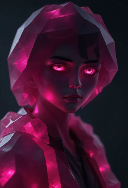 rp_slgd, black-haired anime boy wearing a magenta hooded jacket, revealing only the right side of his face while the left side of his body is covered by a shadow