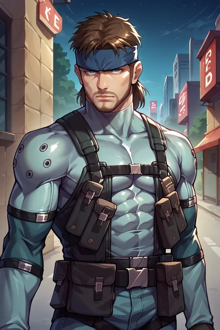 score_9, score_8_up, score_7_up, score_6_up, source_anime, BREAK <lora:solidsnake-pdxl-nvwls-v1:1> 1boy, solo, dark, alleyway, night sky, upper body, solidsnake, headband, brown hair, facial hair, beard, blue bodysuit, gloves, harness, belt pouch, city, looking at you, furrowed brow, mature male, serious