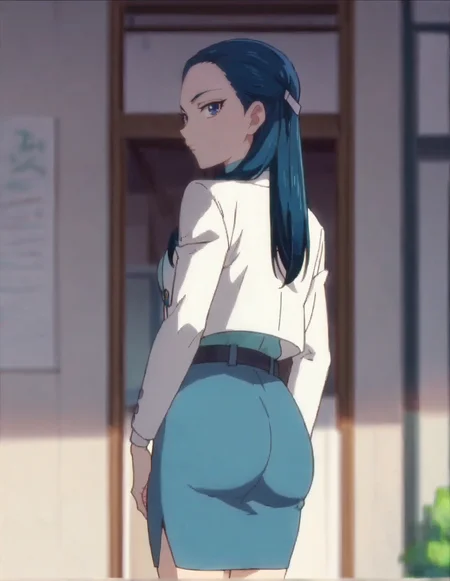 score_9, score_8_up, score_7_up, anime screencap, solo,1girl,kiryuukaoru, skirt,looking at viewer, belt, jacket, blue skirt, standing, white jacket, shirt, pencil skirt, medium breasts,from behind,huge ass<lora:kiryuukaoru:0.8>