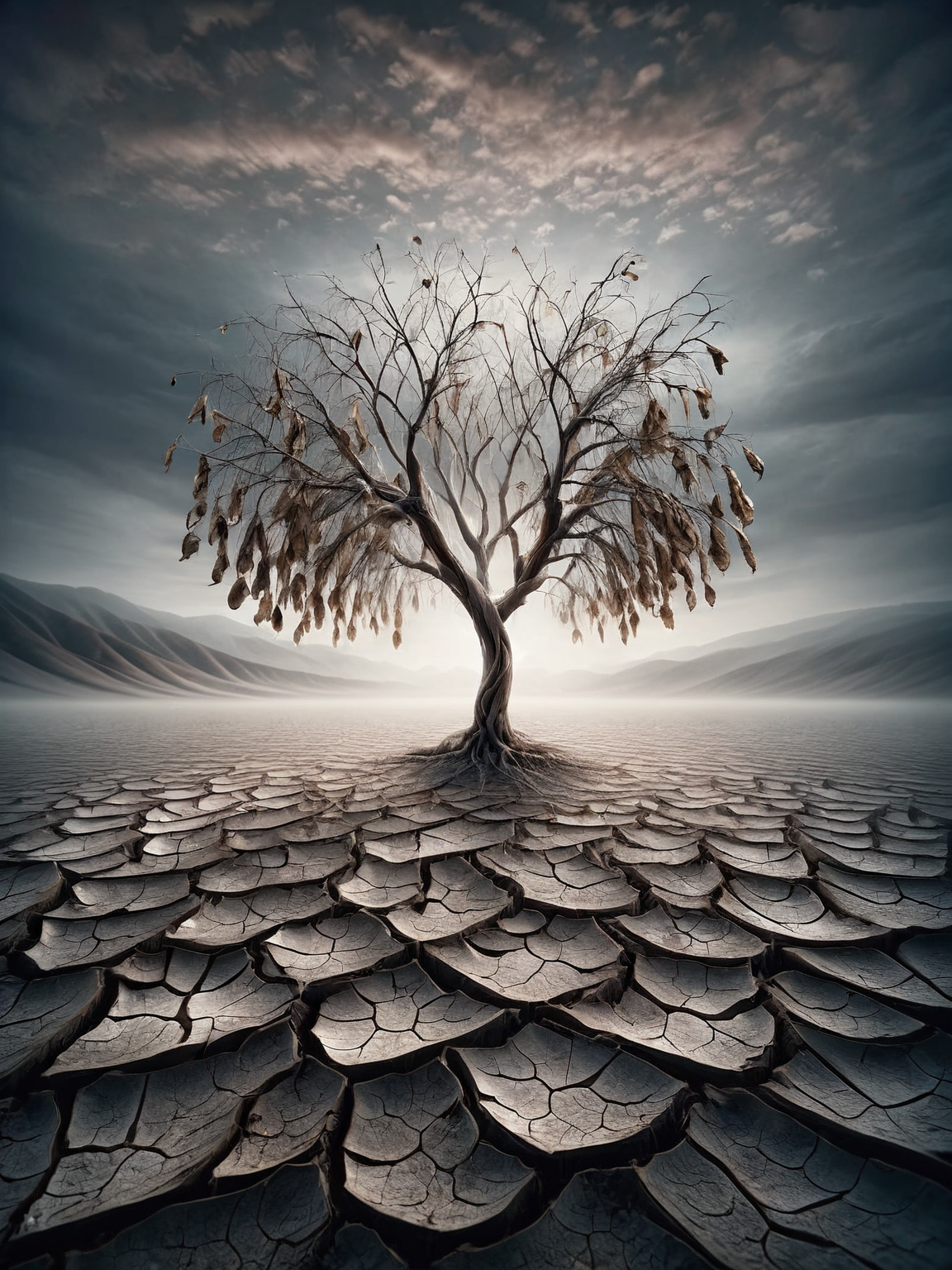 A ais-prchd tree bearing withered leaves in the shape of teardrops, a poignant symbol of the land's sorrow <lora:ais-prchd-sdxl:1>