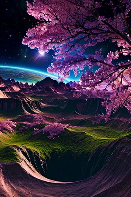 Planet surface landscape, background mountains, glowing, plants, sci-fi, fantasy, space art, galaxy background, tree on planet, cherry blossoms, sakura flowers, shooting stars, dynamic angles, intricate details, film grain, accent lighting, soft volumetric light, shallow depth of field , cinematography, realistic, SyFyEye1.
3D