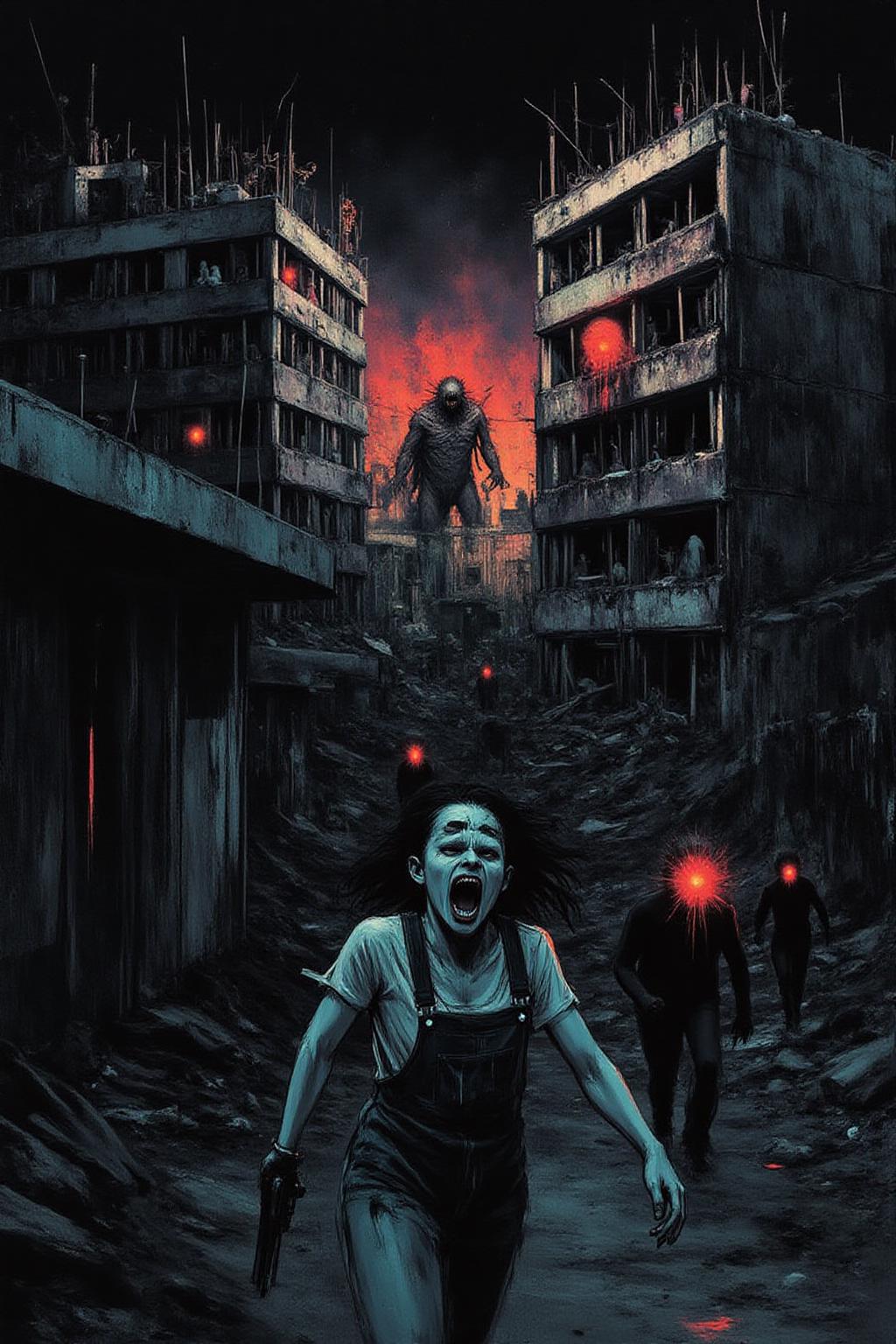 apoca1 illustration. 
A woman running down a dark alleyway between two crumbling high-rise buildings, with a holographic display of her pursuers on the walls and a strange creature with glowing red eyes lurking in the shadows, in a neon-lit cityscape that feels like a dystopian nightmare. She's dressed in tattered overalls and has a pistol at her side.  She is shouting angrily. <lora:apocalypse_now4_nocap_d4a2:1.0><lora:803193128409533986:0>