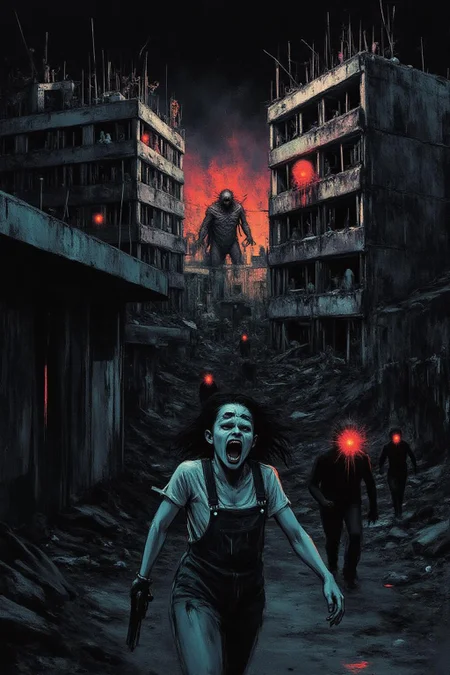 apoca1 illustration.
A woman running down a dark alleyway between two crumbling high-rise buildings, with a holographic display of her pursuers on the walls and a strange creature with glowing red eyes lurking in the shadows, in a neon-lit cityscape that feels like a dystopian nightmare. She's dressed in tattered overalls and has a pistol at her side. She is shouting angrily. <lora:apocalypse_now4_nocap_d4a2:1.0><lora:803193128409533986:0>