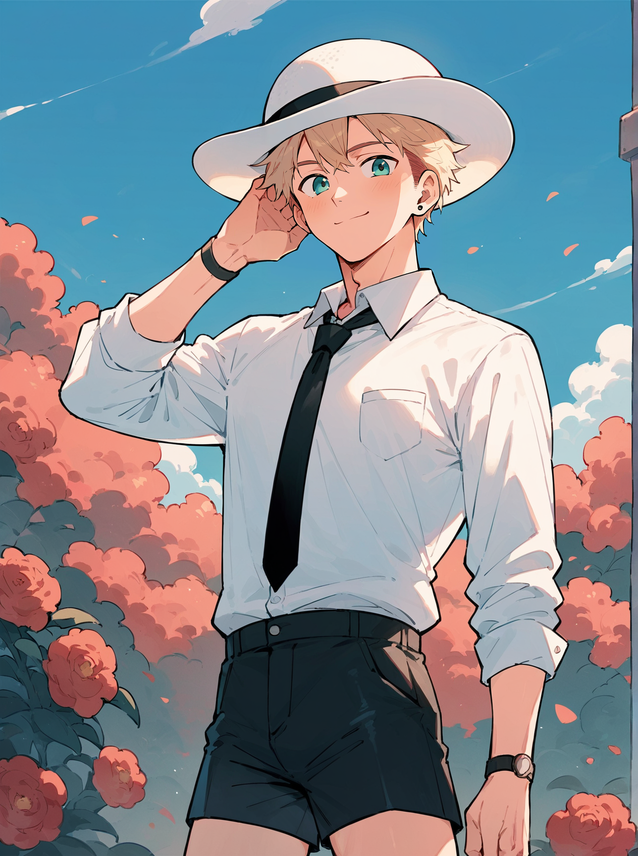 score_8_up, score_7_up, score_6_up, source_anime, 1boy, male focus, standing, adjusting headwear, outdoors, blue sky
smile, 
white shirt, black necktie, black shorts
bowler hat <lora:bowlerhat:1>