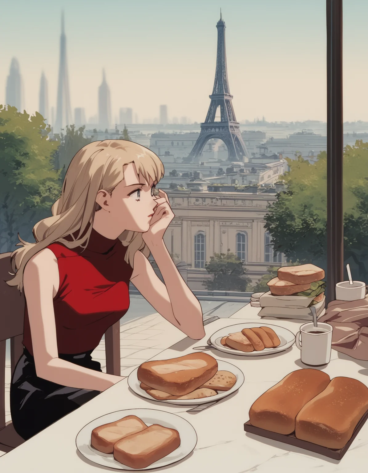 score_9, score_8_up, score_7_up, score_6_up, score_5_up, score_4_up
<lora:noir-2x-ponyxl-000016:1>
nwrmir, blonde hair, sleeveless turtleneck, red shirt, black skirt,
1girl, baguette, bread, lunch, paris, sitting