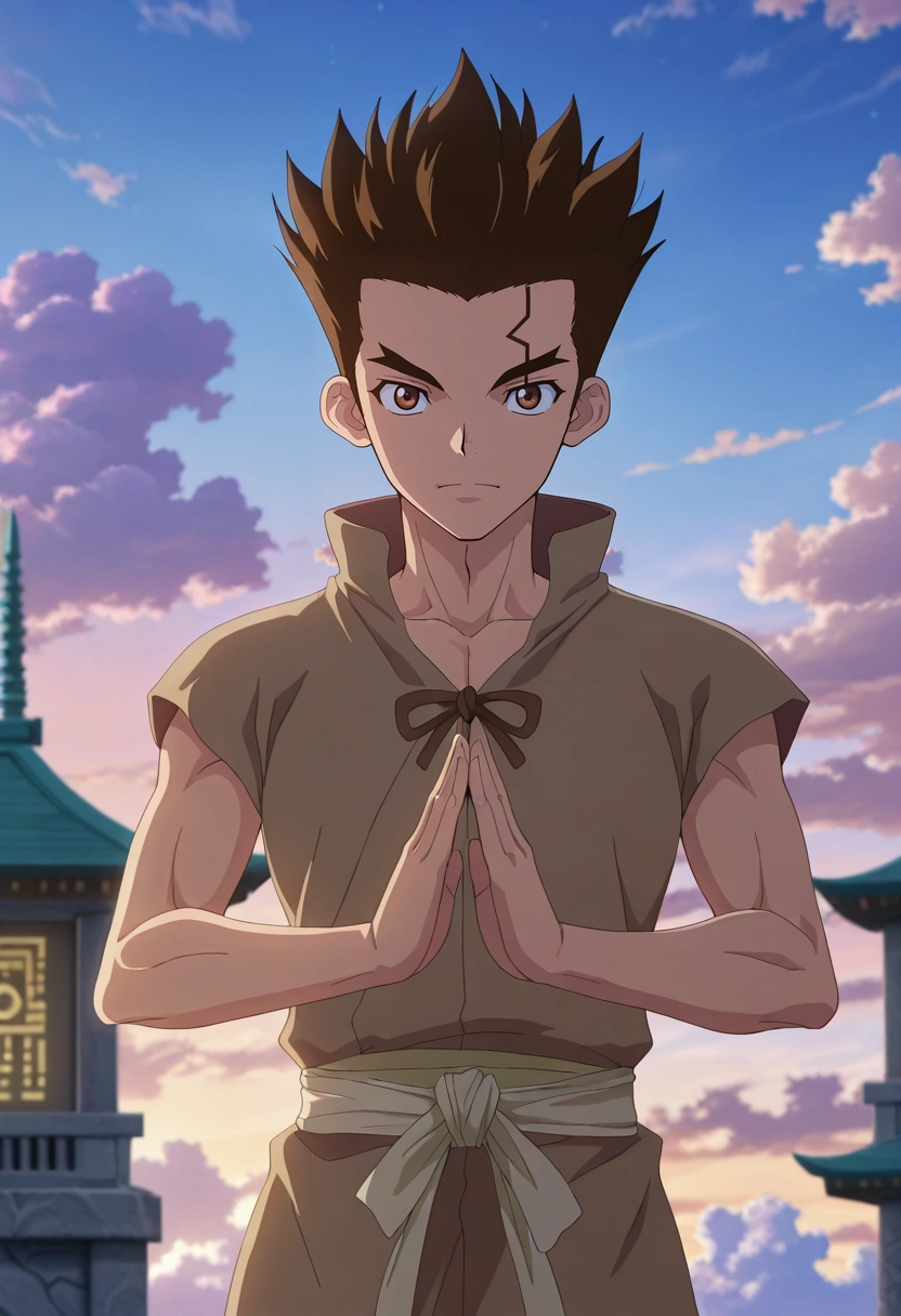 masterpiece, best quality, intricate details, anime screencap, anime coloring, official style, looking at viewer, 1boy, solo, male focus, <lora:taiju_ooki_ilxl:0.98>, taiju_ooki, brown hair, brown eyes, short hair, spiked hair, cloud temple, mist gardens, wind chimes, sky paths, meditation pose, serene expression, dawn,