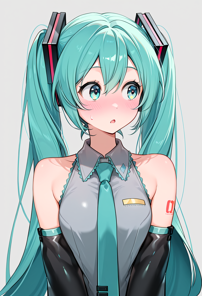 masterpiece, best quality, absurdres, rejection_reaction, 1girl, solo, open mouth, looking to the side, hatsune miku, aqua eyes, blush, upper body, simple background, twintails, hair ornament, aqua hair, long hair, bare shoulders, detached sleeves, necktie, grey shirt,  <lora:rejection_reaction_meme-09-IL:1>