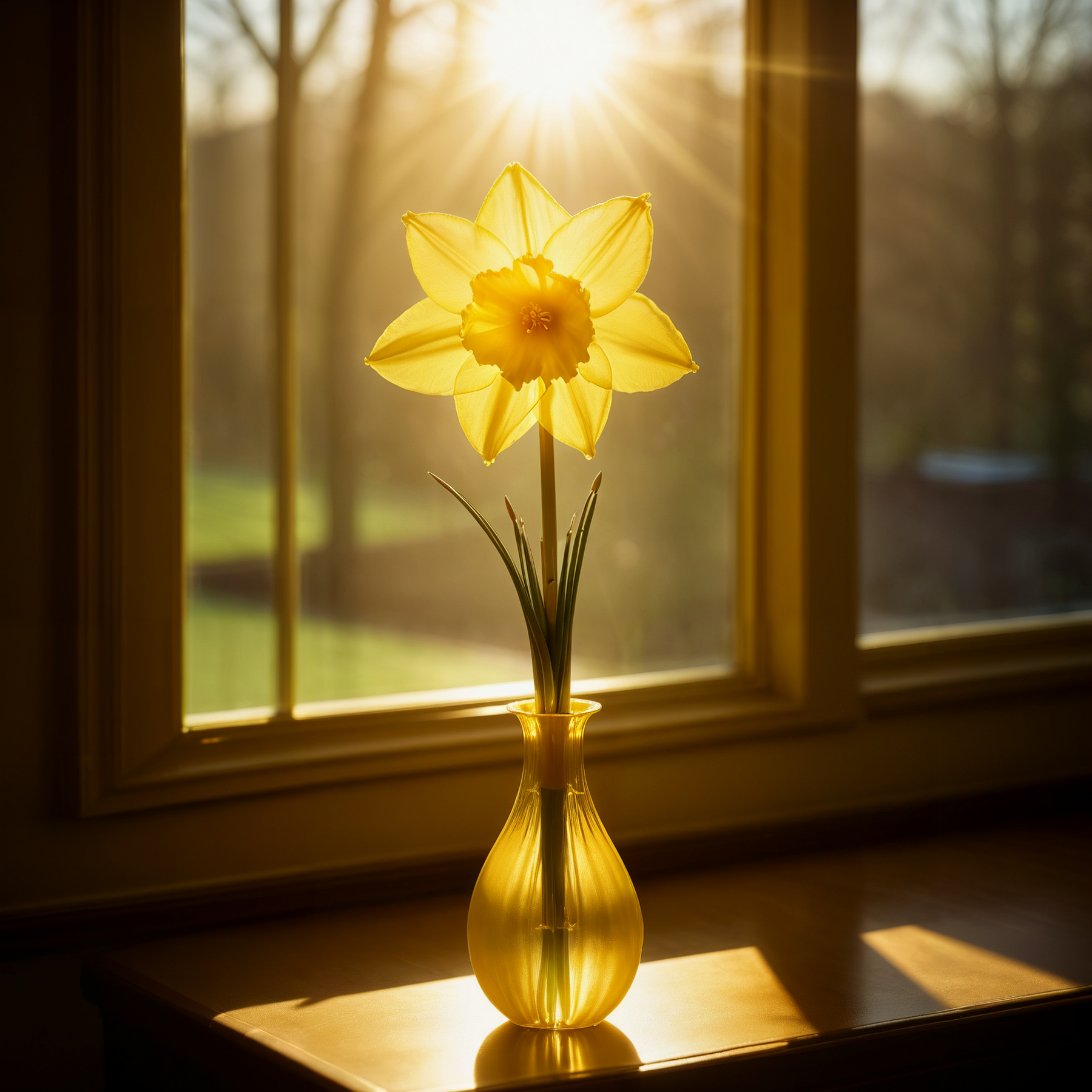 A golden daffodil in a long slender bud vase. It sits on a table by the window, bathed in sunlight. Lens flare. Backlit.

<lora:LensFlare01a_CE_XL_300-OT:0.4> lnsflrCE_style