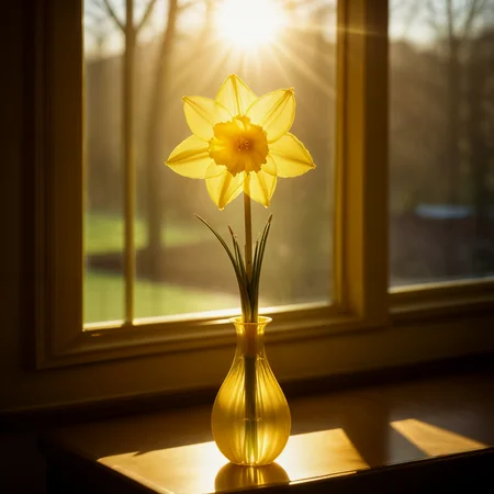 A golden daffodil in a long slender bud vase. It sits on a table by the window, bathed in sunlight. Lens flare. Backlit.
<lora:LensFlare01a_CE_XL_300-OT:0.4> lnsflrCE_style