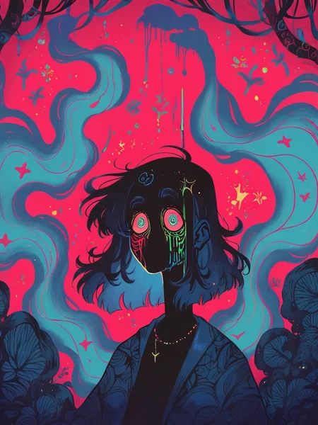 score_9, score_8_up, score_7_up, score_6_up, score_5_up, score_4_up, <lora:f3nn3rXLP:0.9> f3nn3r, 1girl, colourful, pink, blue, black, red, trippy