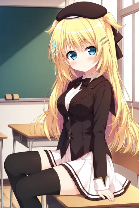 masterpiece,best quality,amazing quality,highres,scenery,newest,1girl,official style,luna,hair ornament,blonde hair,bangs,blue eyes,hair between eyes,hairclip,two side up,star hair ornament,crescent hair ornament,long hair,luna school, thighhighs, hat, skirt, black thighhighs, zettai ryouiki, school uniform, bow,<lora:firstlove-luna-V1:1>,classroom,sitting,from side,looking at viewer, hand rest,