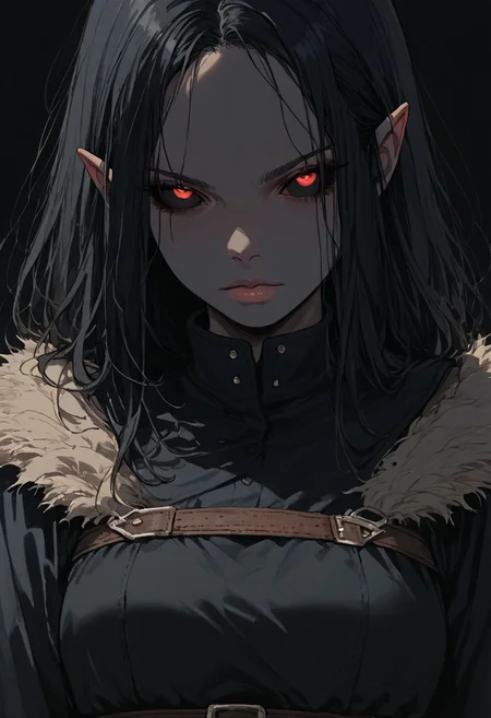 (score_9, score_8_up, score_7_up), source_anime, anime, female, elf, ((dark blue skin)), black hair, burgundy eye color, black eye sclera, layered clothing, waist-high, black background, woman, drow, viking, shaved temples