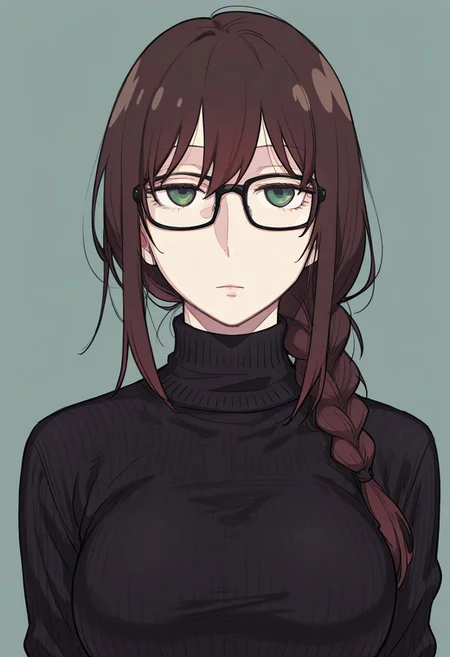 {{masterpiece,best quality,amazing quality,absurdres}}, {{flat shading, cel shading}}
BREAK
1girl, solo, upper body, simple background, portrait, looking at viewer, brown hair, bangs, single braid over shoulder, green eyes, black glasses, large breasts, black sweater, turtleneck, expressionless