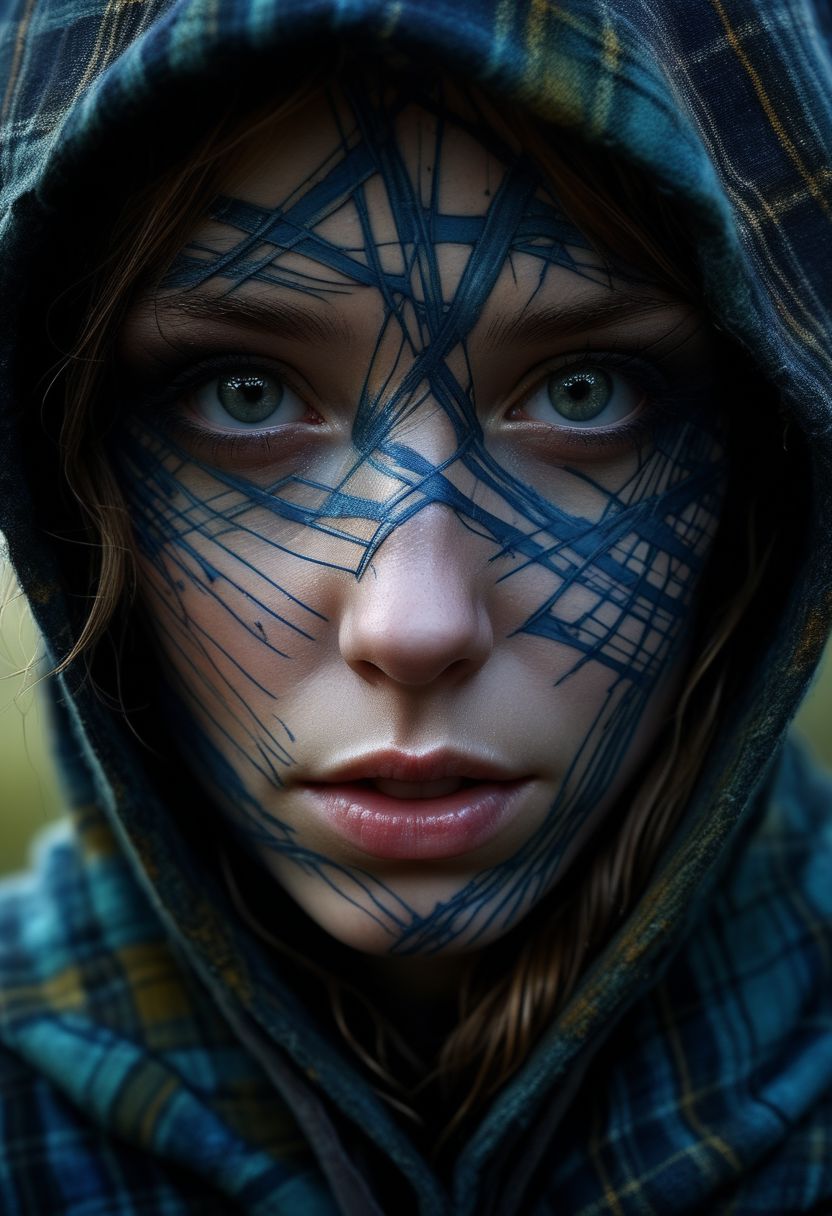 Close-up face, mysterious silhouette of a scottish girl in worn down clothing, goddess, alluring, by Minjae Lee, Carne Griffiths, Emily Kell, Steve McCurry, Geoffroy Thoorens, Aaron Horkey, Jordan Grimmer, Greg Rutkowski, amazing depth, double exposure, surreal, geometric patterns, intricately detailed, bokeh,  perfect balanced, deep fine borders, artistic photorealism , smooth,  great masterwork by Suiras  <lora:add-detail-xl:2>  <lora:Double_Exposure:0.5>