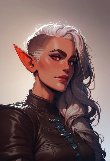 score_9, score_8_up, score_8, score_7_up, score_7, score_6_up, score_6, score_5_up, Score_5, MintharaBG3, colored skin, pointy ears, red eyes, undercut, long hair, white hair, MinUnd, leather, vox machine style, 1girl, female focus, solo, portrait, tavern interior background, fantasy, (dynamic lighting:1.1)
((masterpiece))