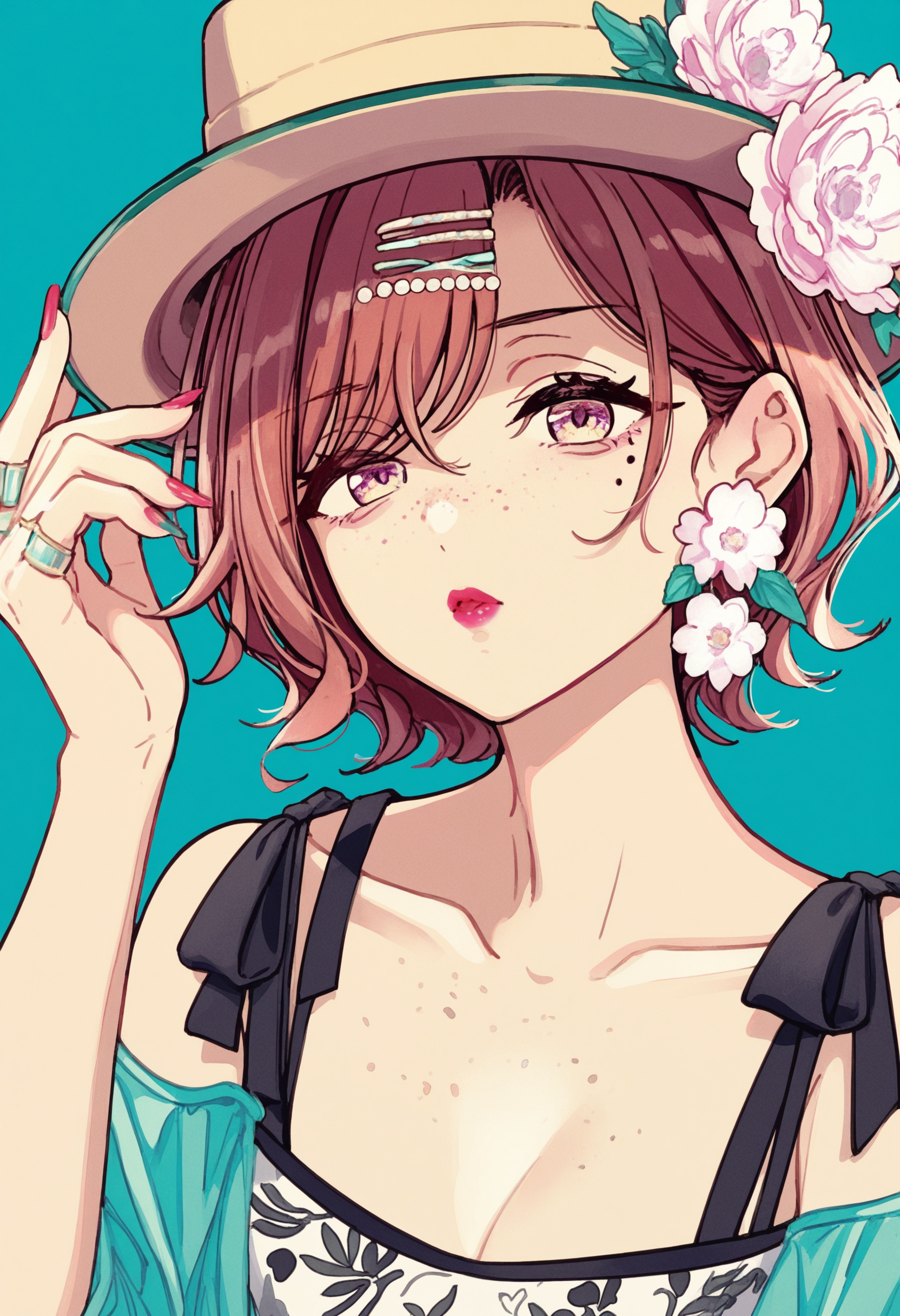 1girl,higuchi madoka,solo,freckles, collarbone,cleavage,bucket hat, rings, lipstick, nail polish, face focus, hand on headwear, flower earrings, BREAK,highres,absurdres,masterpiece,newest,best quality,Visual impact,very awa,very aesthetic,amazing quality