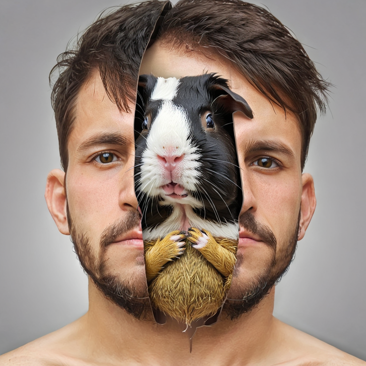 <lora:split2-000015:0.9>,split head and body,split guinea pig inside the head of a (handsome male:1.2),High detailed RAW color Photo,8k,natural light,