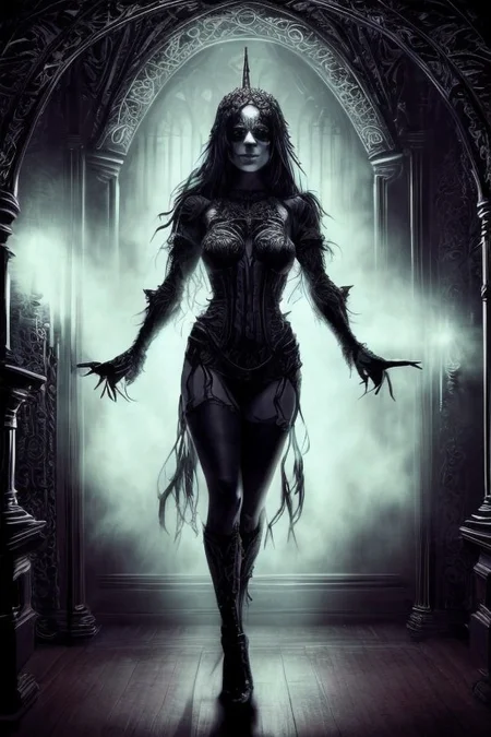 a ghostly woman in a dark gothic bedroom, late night,
all humman anatomy is completly correct, (((gothic bedroom))),
very low light,nighttime, low wattage blue neon lights  high on effects,apparition,ghost,spirit,dead,angry,aggressivplane,making it a captivating,if not spine-chilling,sight to behold.,paranormal,dark eroticism, gorgeous, yearning for what was lost with life, full view,
intricate,etherthral,paranormal,eternal,erotic horror,by sithandwesson,MJgothic,gothichorrorai,GothInt,gothicpunkai,OverallDetail,gothichorrorai,
highly detailed texture, best quality, colourful, ultra realistic image, (ultra HD quality details), fantasy, huge depth to image, detailed background,(high_budget_Hollywood_action_film_shot:0.6), moody:crisp, epic, gorgeous, movie-poster, epic lighting, deep shadows, epic skin detail,