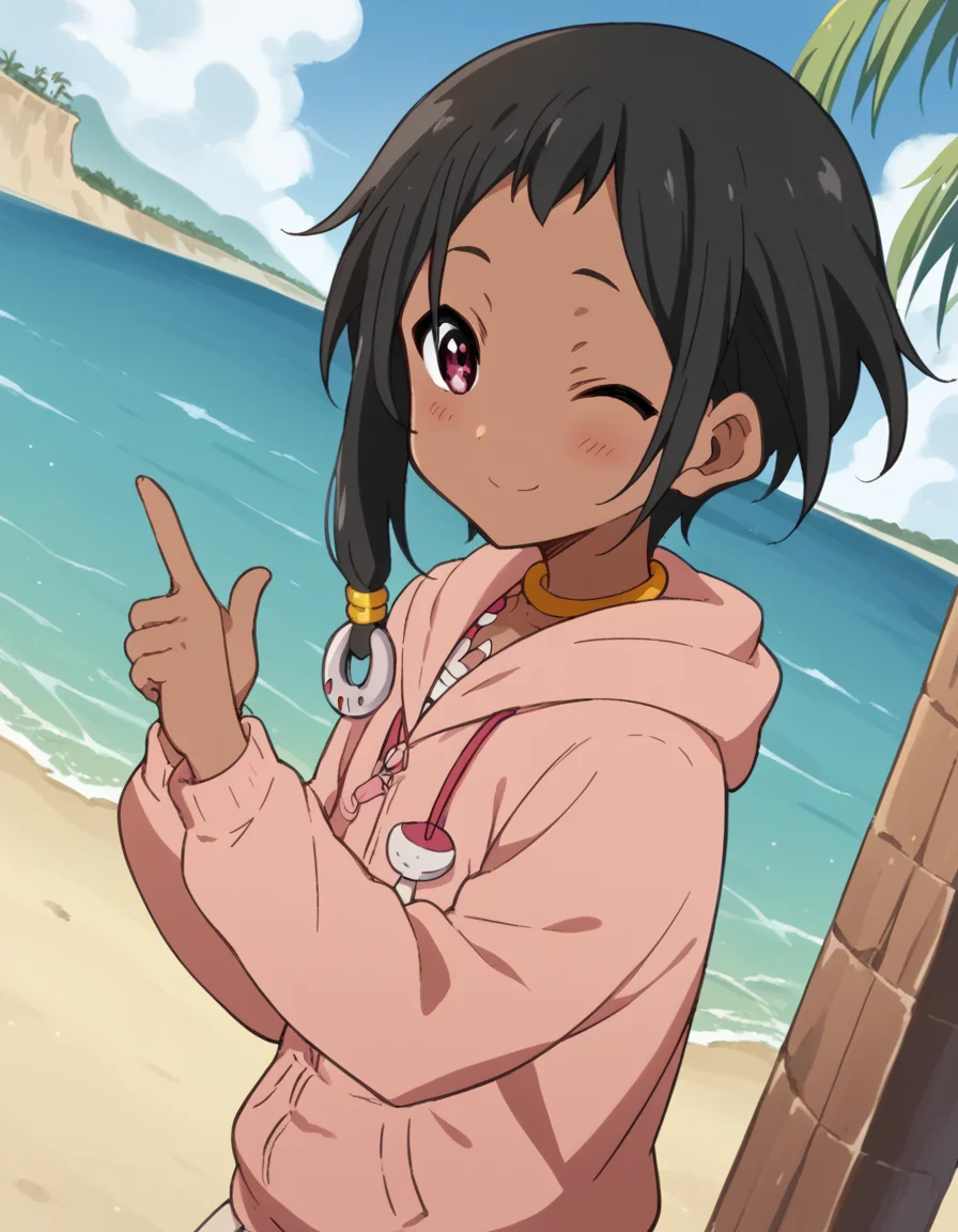 score_9, score_8_up, score_7_up, source_anime, <lora:choi-mochimazzi-s1-ponyxl-lora-nochekaiser:1>, choi mochimazzi, short hair, black hair, dark skin, dark-skinned female, pink eyes, sidelocks, jewelry, hoodie, pink hoodie, skirt,, oasis, water, palm trees, desert, life, , <lora:double-finger-gun-ponyxl-lora-nochekaiser:1>, double finger gun,, blush, smile, one eye closed, from side, looking at viewer, solo,, dutch angle, cowboy shot