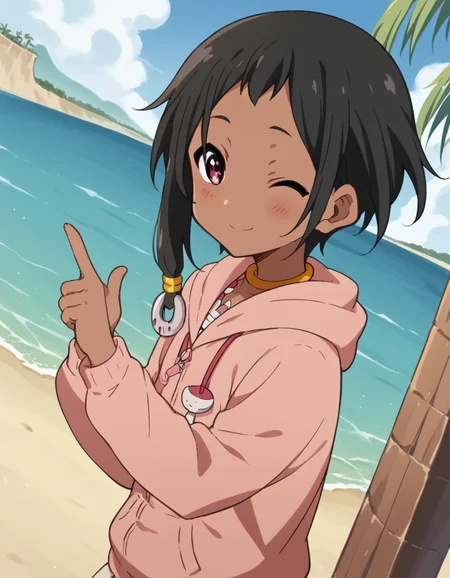 score_9, score_8_up, score_7_up, source_anime, <lora:choi-mochimazzi-s1-ponyxl-lora-nochekaiser:1>, choi mochimazzi, short hair, black hair, dark skin, dark-skinned female, pink eyes, sidelocks, jewelry, hoodie, pink hoodie, skirt,, oasis, water, palm trees, desert, life, , <lora:double-finger-gun-ponyxl-lora-nochekaiser:1>, double finger gun,, blush, smile, one eye closed, from side, looking at viewer, solo,, dutch angle, cowboy shot