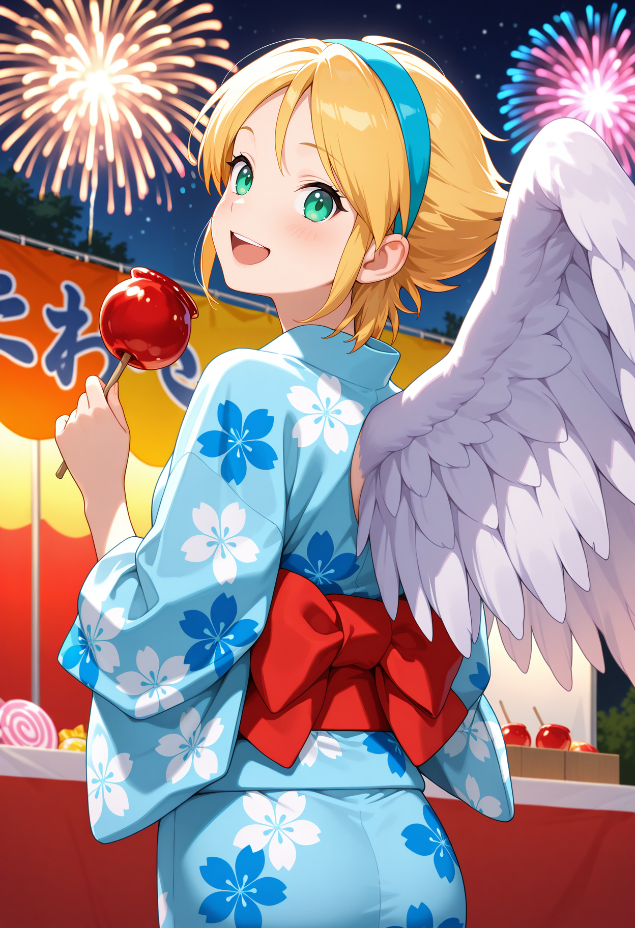 best quality, masterpiece, 1girl, aanina, short hair, blonde hair, blue hairband, green eyes, feathered wings, <lora:nina_(bof1)_ilxl_v1:0.9>, night, summer festival, outdoors, yukata, floral print, from behind, smile, laughing, fireworks, holding candy, candy apple, solo,