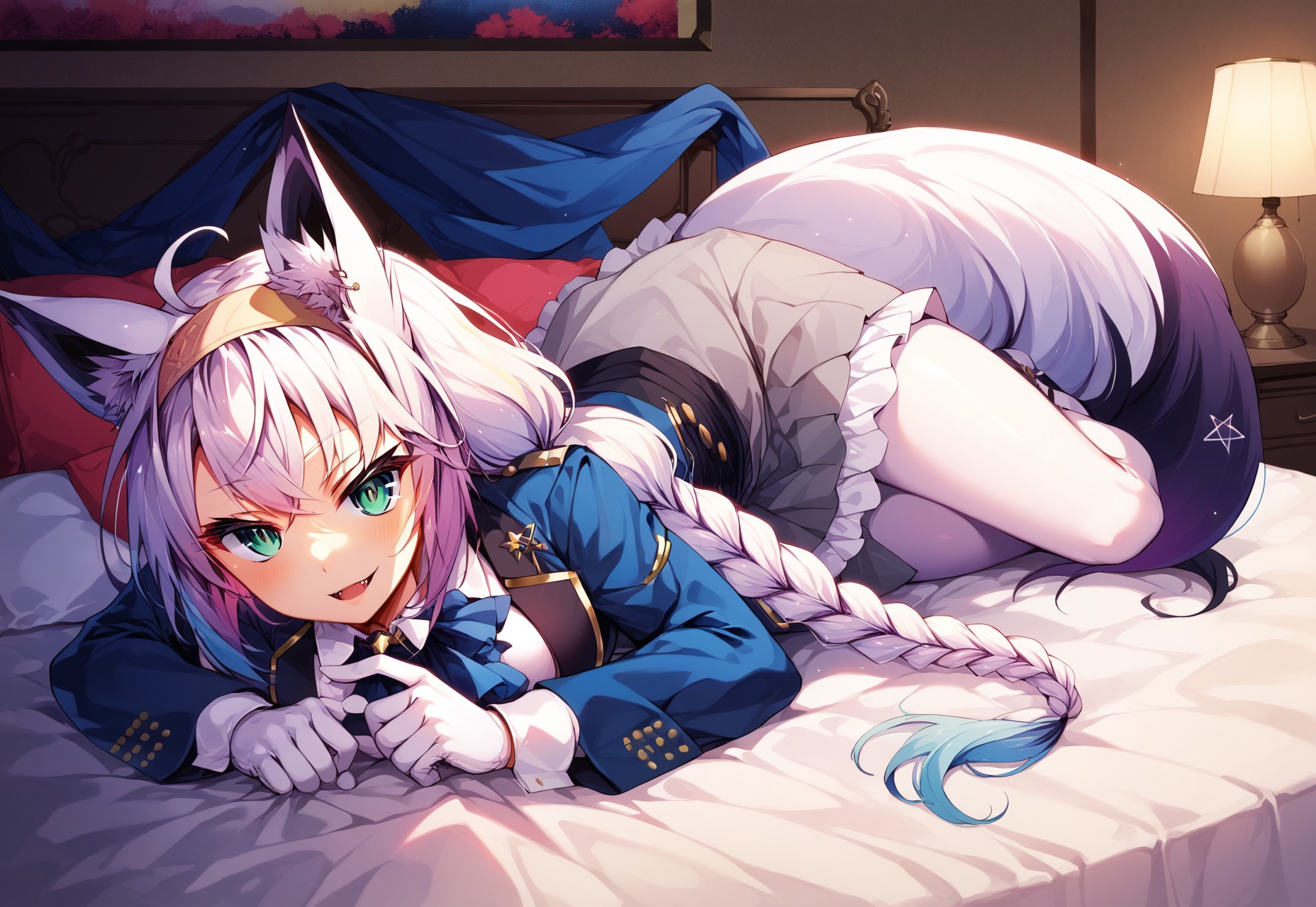 safe_pos, safe_pos, safe_pos, safe_pos, safe_pos, safe_pos, score_9, score_8_up, score_7_up, score_6_up, masterpiece, source_anime, high quality, perfect face, detailed eyes, perfecteyes, perfect balance, detailed face, perfect lighting, detailed background, uncensored, newest, absurdres, highres, very aesthetic, indoor, bedroom, bed, big bed, luxury bed, windows, night, 
uncensored, 
fubuki, white hair, single side braid, ahoge, piercing, fox tail,
fubuki_elegant, braided ponytail, blue coat, blue ascot, corset, collared shirt, grey skirt, frilled skirt, white pantyhose, white gloves, hairband, white hair, piercing, fox tail,
 1girl, solo, open mouth, smile, large breasts, pleasured, full body, long legs, larger female, tall female, looking at viewer, long calves, long legs, thin thighs, tall_girl,long_legs,  lying on bed, half closed eyes, naughty face, multicolored hair, from above, fangs