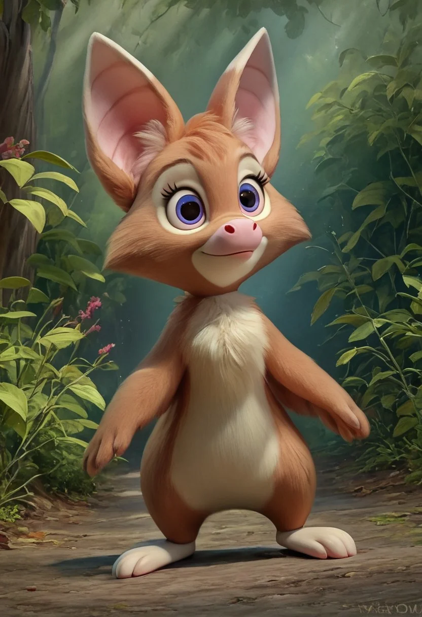 score_9_up, score_8_up, score_7_up, volume, 3d, painterly, realistic, ultra-detailed, great quality, high resolution, (((8k))), (sharp detailed:1,4) no smooth detailed. Background: forest. Foxglove bat, anthro, solo, full body view. closed mouth, cuteness, fluffy, detailed face, (very detailed face:1.4), detailed body, (very detailed body:1.4), detailed background, (very detailed background:1.4). Style: cartoon, Disney.