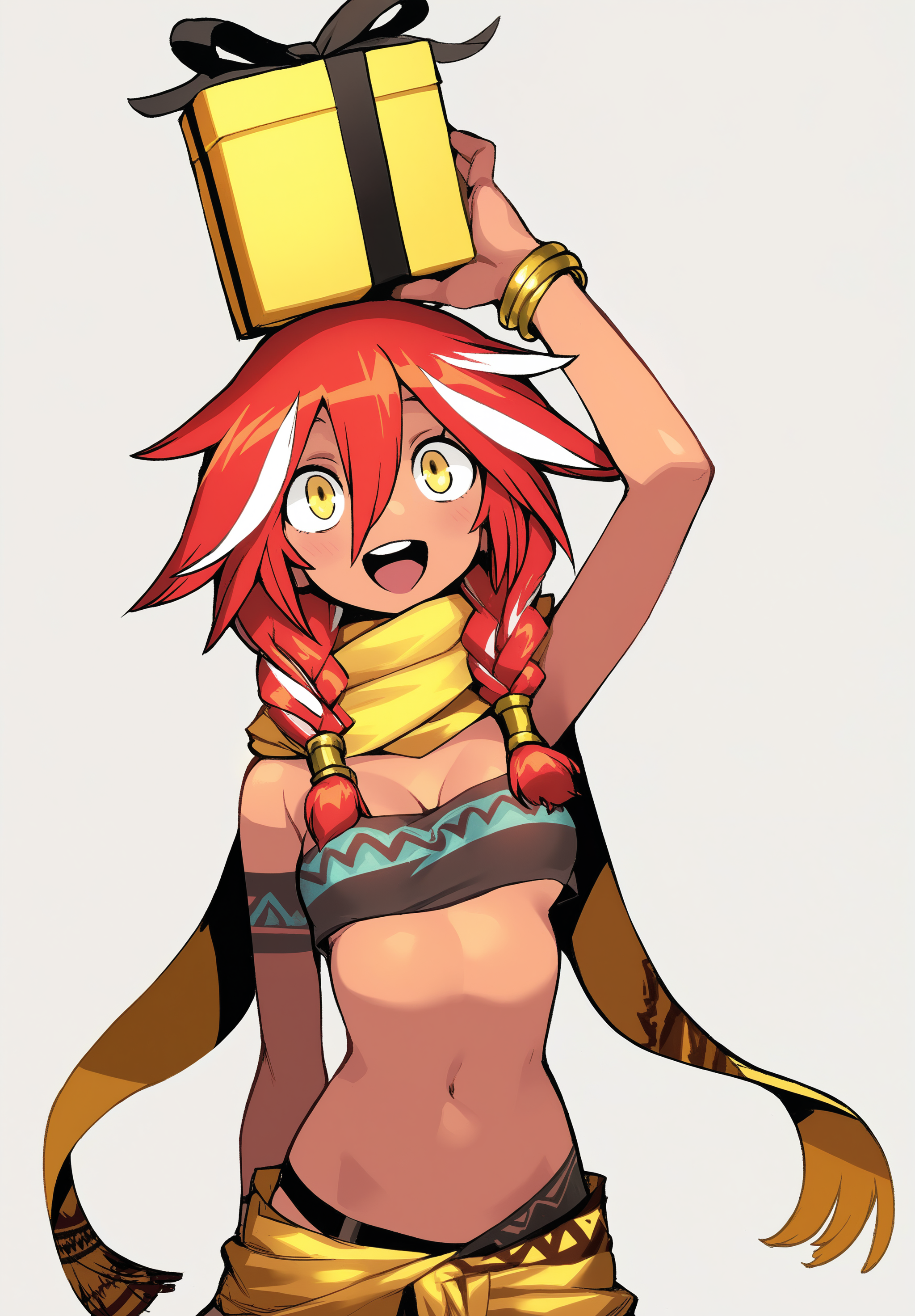 masterpiece,absurdres,best quality,high quality,<lora:Cool Rance V4 Vpred Noob:1>,yellow theme,1girl,red hair,dark-skinned female,upper body,yellow eyes,happy,arm up,holding gift box,scarf,underwear,bracelet,navel,twin braids,white streaked hair,long bangs,hair between eyes,simple background,grey background,arm at side,cleavage,small breasts,topless,