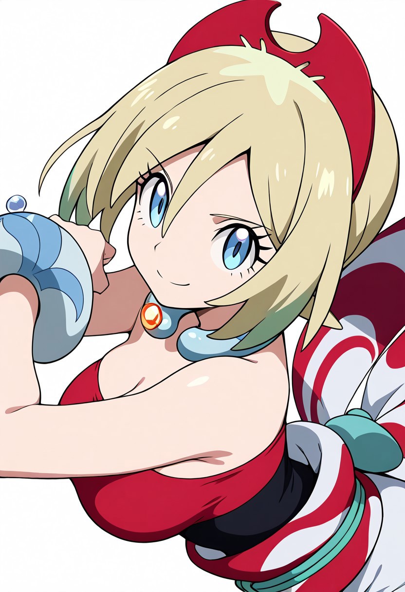 masterpiece, best quality, solo, curvy, beautiful eyes, girl, solo, smile, looking at viewer, dynamic pose, (fisheye), foreshortening, close up,  (leaning forward, eye focus, anime screenshot, 
(upper body), white background, large breasts, side view, 
zzIrida, blonde hair, blue eyes, short hair, bangs, hair between eyes, red hairband, bracelet, neck ring, red shirt,  solo, strapless shirt,