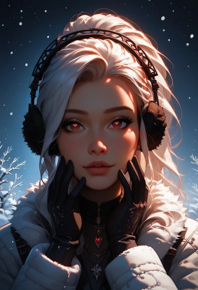 score_9, score_8_up, score_7_up, score_6_up, 1girl, solo, breasts, necklace, sexy face, ponytail hairstyle, winter coat, earmuffs, gloves, winter boots, white hair, long hair, red eyes, shy, beautiful lights, flirtatious, looking at viewer, seductive, Outside, snowing, snowflakes falling,
going in for a kiss, about to kiss, heart shaped eyes, dreamy, in love,
View from the front, face focus, closeup, close up,