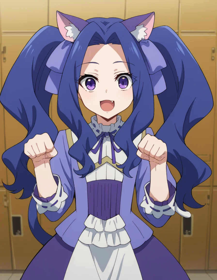 score_9, score_8_up, score_7_up, source_anime, <lora:melty-q-melromarc-s1-ponyxl-lora-nochekaiser:1>, melty q melromarc, long hair, ribbon, twintails, blue hair, purple eyes, hair ribbon, purple ribbon, parted bangs,, long sleeves, dress, frills, ribbon trim, purple dress,, locker room, lockers, benches, towels, showers, smile, <lora:paw-pose-ponyxl-lora-nochekaiser:1>, paw pose, cat ears, cat tail, animal ears, tail, cat girl, open mouth, fang, whiskers,, looking at viewer, solo,, dutch angle, cowboy shot