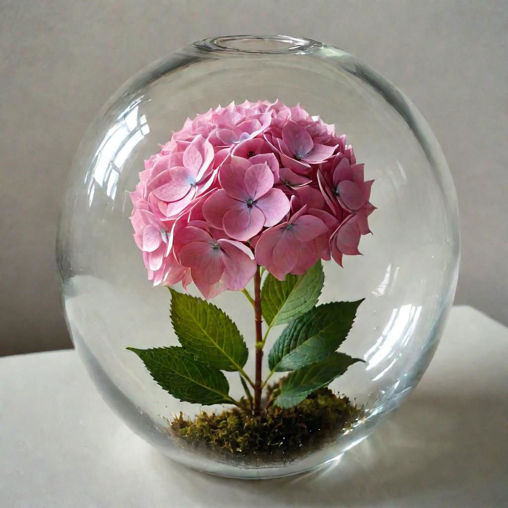 a pink hydrangea in a glass ball