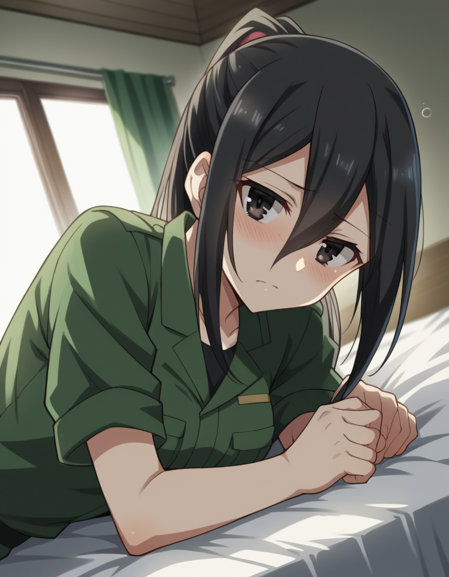 score_9, score_8_up, score_7_up, source_anime, <lora:ryouko-kusakabe-s2-ponyxl-lora-nochekaiser:1>, ryouko kusakabe, long hair, black hair, hair between eyes, black eyes, medium breasts,, ponytail, uniform, military, military uniform,, indoors, bed, bed room, on side, blush, drunk, looking at viewer, solo,, cowboy shot, dutch angle