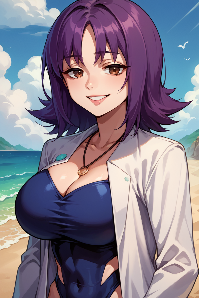 score_9, score_8_up, score_7_up, score_6_up, source_anime, BREAK 1girl, solo  <lora:profivy-pdxl-nvwls-v1-000005:1> profivy, purple hair, labcoat, necklace, dark blue leotard, looking at viewer, (big breasts), beach, blue sky, upper body, looking at you, smile