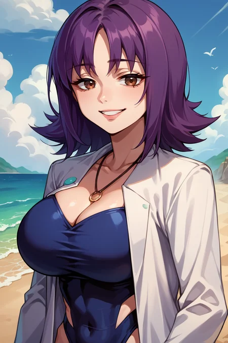 score_9, score_8_up, score_7_up, score_6_up, source_anime, BREAK 1girl, solo <lora:profivy-pdxl-nvwls-v1-000005:1> profivy, purple hair, labcoat, necklace, dark blue leotard, looking at viewer, (big breasts), beach, blue sky, upper body, looking at you, smile