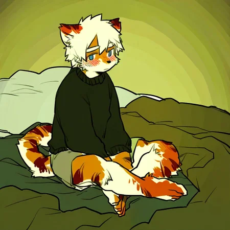 ((milkytiger)), white hair, blue eyes, tiger, furry, black sweater, gray shorts, 1boy, solo, sitting, in bed, shy, blush
