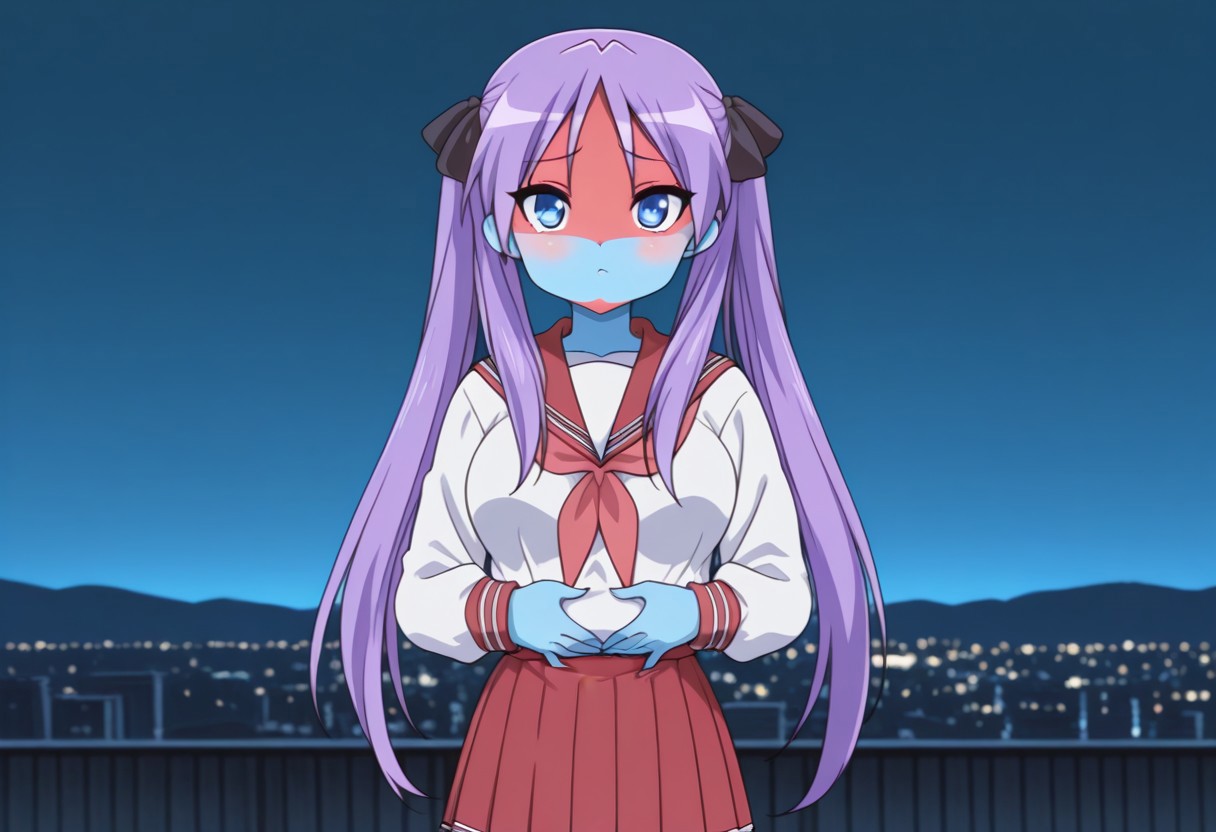 masterpiece,best quality,newest,very aesthetic,highly detailed,high resolution,absurdres,highres,depth of field,super detailed skin,very awa,Anime,anime coloring,anime screencap, {Prompt}, BREAK, depth of field, volumetric lighting, ((blue skin)) , ((shocker, colored skin)), looking at viewer, <lora:shocker_IL:1>, large breasts, daytime, bright lighting, (masterpiece, best quality, amazing quality,, <lora:kagami-hiiragi-s1-illustriousxl-lora-nochekaiser:1>, kagami hiiragi, long hair, blue eyes, ribbon, twintails, hair ribbon, purple hair, anime screencap, skirt, long sleeves, school uniform, pleated skirt, serafuku, sailor collar, neckerchief, red skirt, ryouou school uniform,, city skyline, rooftop view, night time, city lights, quiet reflection, , hands on stomach, blush, looking at viewer, solo,, cowboy shot, solo, blue skin, colored skin)