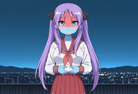 masterpiece,best quality,newest,very aesthetic,highly detailed,high resolution,absurdres,highres,depth of field,super detailed skin,very awa,Anime,anime coloring,anime screencap, {Prompt}, BREAK, depth of field, volumetric lighting, ((blue skin)) , ((shocker, colored skin)), looking at viewer, <lora:shocker_IL:1>, large breasts, daytime, bright lighting, (masterpiece, best quality, amazing quality,, <lora:kagami-hiiragi-s1-illustriousxl-lora-nochekaiser:1>, kagami hiiragi, long hair, blue eyes, ribbon, twintails, hair ribbon, purple hair, anime screencap, skirt, long sleeves, school uniform, pleated skirt, serafuku, sailor collar, neckerchief, red skirt, ryouou school uniform,, city skyline, rooftop view, night time, city lights, quiet reflection, , hands on stomach, blush, looking at viewer, solo,, cowboy shot, solo, blue skin, colored skin)