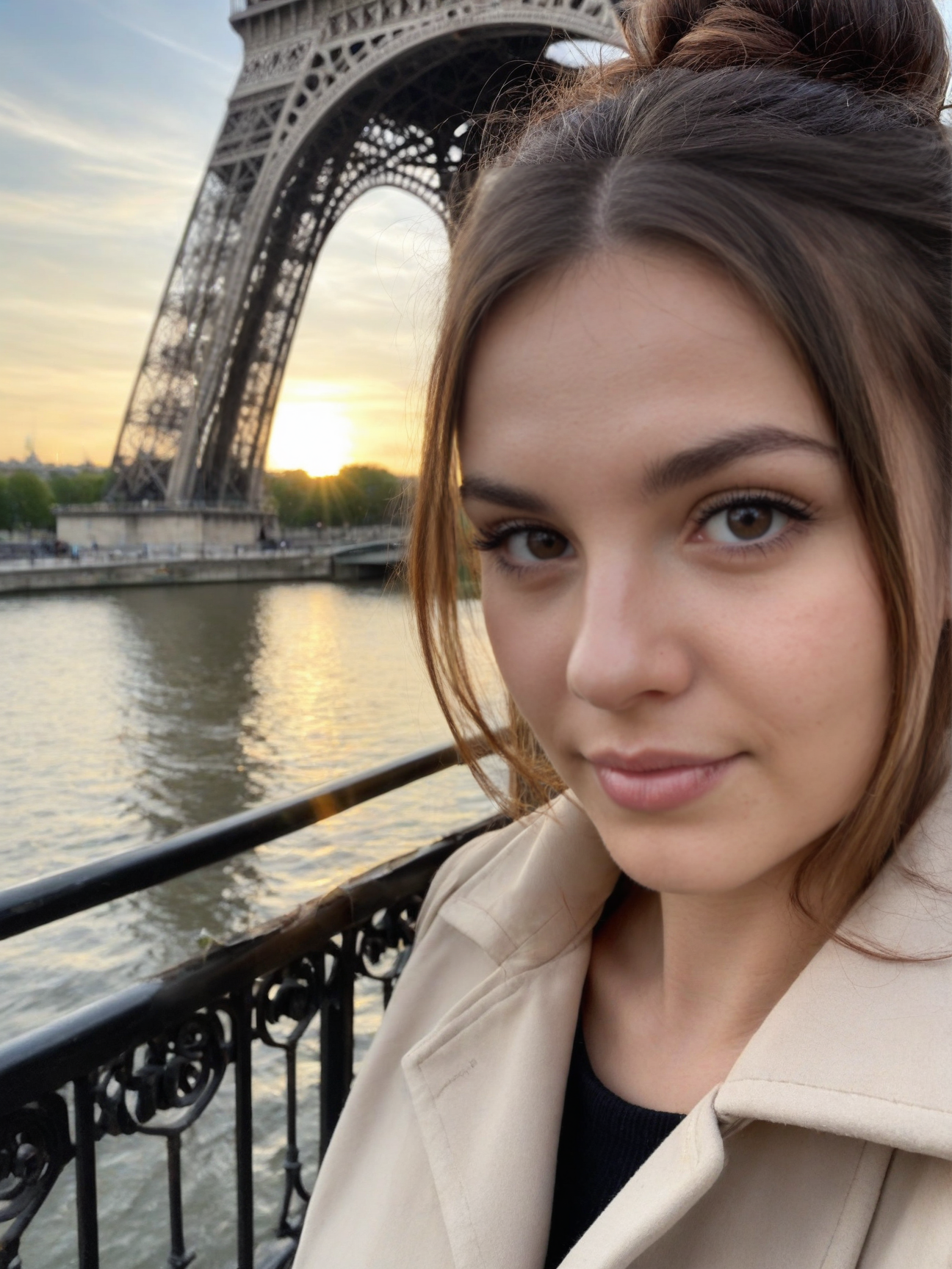 masterpiece,   8k,absurdres,very high quality,best quality, full body shot ,beautiful 24-year-old French woman, highly-detailed brown eyes, eye reflection, brune, messy bun, side bangs, kissable lips, trench coat, peaceful expression, realistic, portrait, outdoors, sunset, golden hour, sunrays, volumetric lightning, bridge, Seine, Paris background,
<lora:cfg_scale_boost:0.5>  ,  <lora:add-detail-xl:0.5>,
