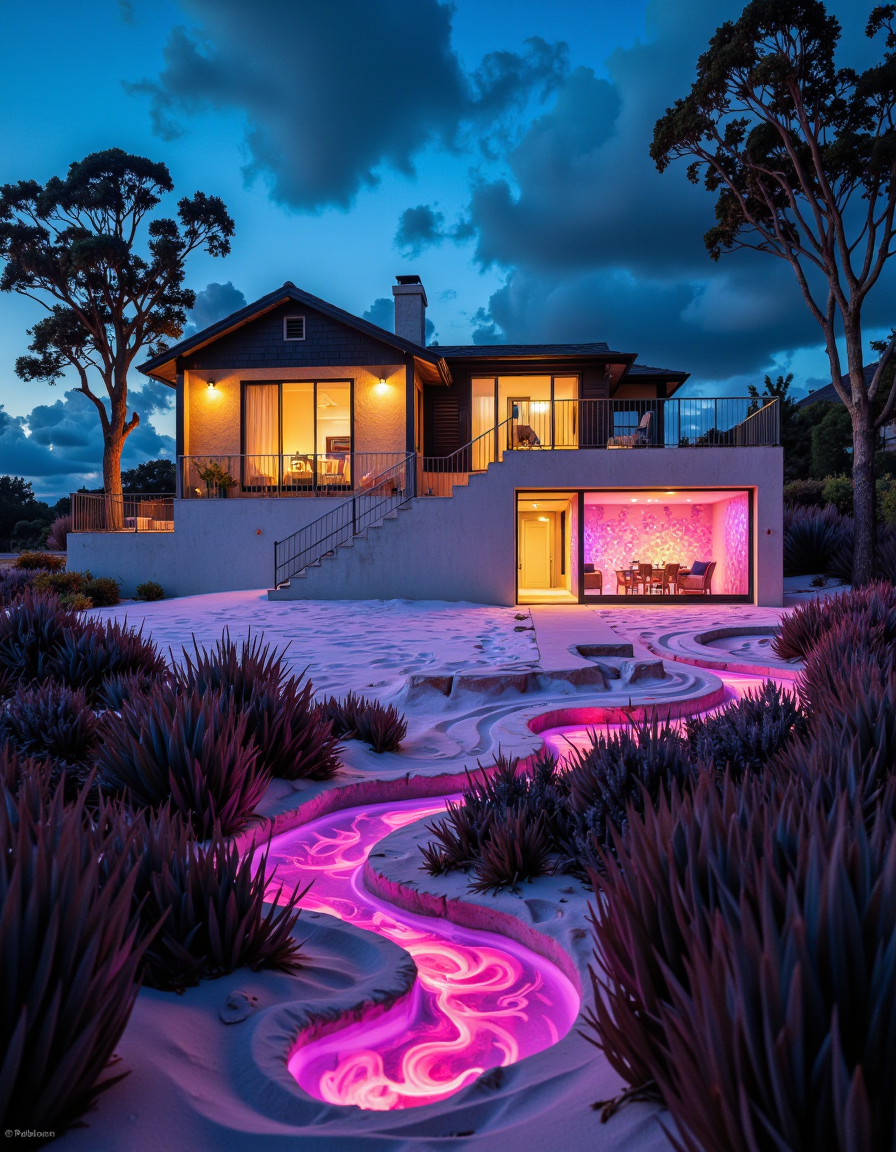 Real estate photography style, leading, remains, stretch, beauty, churning, glowing accents, above, vegetation, colorful, black, symbolic, dancing, fog, edge, sand, bathed, blues, Professional, inviting, well-lit, high-resolution, property-focused, commercial, highly detailed.