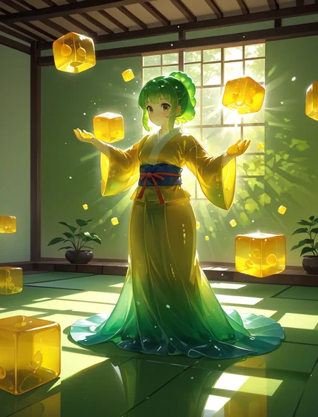 <lora:SDXL_neg4all xl v9.1:1>, <lora:sss:1>, (translucent) cute jelly girl in kimono, in a dojo, practicing karate, (stand user, summoning yellow jelly cubes), artist study hands, on sunny summer day, subsurface scattering, ray tracing, partially transparent skin, intricate, best quality, professional illustration, dynamic