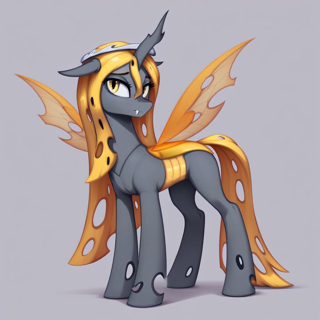 masterpiece, score_9_up, score_8_up, score_7_up, score_6_up, (best quality:1.1), ultra-detailed, high resolution, 1character, Oiren, changeling queen oc, mlp, feral, black skin, long yellow membrane mane, tail, (((beautiful detailed  yellow eyes))), long eyelashes, eyebrows, ears, yellow Insect wings, closed mouth, fang out, single horn, modest silver crown, detailed facial features, full body, expressiveh, simple background, highly visible, sharp focus, anatomically correct