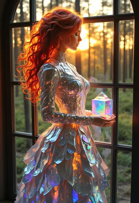 Papercut Art of An enchanting woman with fiery red hair stands at the window of a mystic iridescent tower, overlooking a vast, enchanted forest. She wears a flowing, translucent gown that catches the light of the setting sun, revealing the silhouette of her voluptuous figure. Her green eyes, filled with both power and passion, seem to pierce through the viewer. She holds a glowing crystal in her hand, its light reflecting in her eyes, and her lips are curled in a knowing smile, as if she holds a secret only she can reveal.