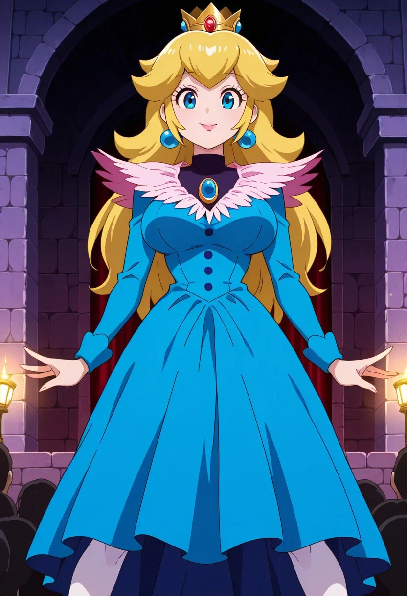 <lora:anime_screencap-IL v-pred:1>, anime screencap, anime coloring, amazing quality, very aesthetic, absurd resolution, masterpiece, 4k resolution, perfect anatomy, perfect eyes, (hand with four fingers and one thumb), BREAK 1girl, 3/4 body shot, <lora:princess-peach-illustriousxl-lora-nochekaiser:1>, princess peach, blue eyes, blonde hair, long hair, crown, large breasts, hourglass figure, sexy standing pose, legs apart, lewd lower body, shifting her hips, looking at viewer, happy smile, joy, (<lora:blue_concert_ill-05:1>, (blue shirtdress, v-neck, white feather neckline, blue buttons, long sleeves, blue sleeves, knee-length dress, white feather hemline,), (black turtleneck, sleeveless, under dress,), white pantyhose, ), breast focus, BREAK (castle courtyard, castle background, stone walls, multiple men, people staring, crowd,),