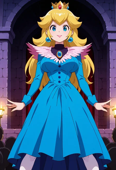 <lora:anime_screencap-IL v-pred:1>, anime screencap, anime coloring, amazing quality, very aesthetic, absurd resolution, masterpiece, 4k resolution, perfect anatomy, perfect eyes, (hand with four fingers and one thumb), BREAK 1girl, 3/4 body shot, <lora:princess-peach-illustriousxl-lora-nochekaiser:1>, princess peach, blue eyes, blonde hair, long hair, crown, large breasts, hourglass figure, sexy standing pose, legs apart, lewd lower body, shifting her hips, looking at viewer, happy smile, joy, (<lora:blue_concert_ill-05:1>, (blue shirtdress, v-neck, white feather neckline, blue buttons, long sleeves, blue sleeves, knee-length dress, white feather hemline,), (black turtleneck, sleeveless, under dress,), white pantyhose, ), breast focus, BREAK (castle courtyard, castle background, stone walls, multiple men, people staring, crowd,),