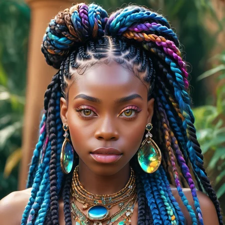 photo of Hyper realistic art Wonderful, intricate, (colorful, Afrofuturism art), black woman, black girl, very dark skin, beautiful hazel eyes, long thick multicolor black2blue box braids, ((jewelry with high details, iridescent colors)), bright colors, alchemist, cinematic, 35mm film, 35mm photography, film, photo realism, DSLR, 8k uhd, hdr, ultra-detailed, high quality, high contrast, , Side View, medium-shot, raw, photo, realistic, embedding:zPDXL2<lora:PONY_XL_Black_Woman_Lora10> <lora:Pony_XL_Colorful_Box_Braids>