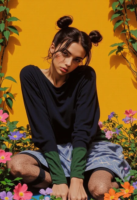 A hyper-realistic portrait of a young woman against a vibrant yellow background, now enriched with exaggerated and surreal vegetation. The scene is filled with lush plants, leaves, and vines that weave through the frame, adding a fantastical, organic touch. The ground is covered with an array of colorful flowers that partially obscure the woman's body, creating an immersive, dreamlike atmosphere. The woman's features are highlighted by soft, natural lighting that gently illuminates her face and upper body, enhancing the depth of her smooth skin. She wears a dark blue, long-sleeved top with green cuffs, contrasting with her light blue, plaid skirt, which is slightly lifted to reveal black lace-top stockings. Her hair is styled in two messy buns, adding a playful yet natural vibe. She gazes directly at the camera, her expression neutral yet captivating. The shallow depth of field blurs the surrounding elements, ensuring her features remain the focal point, while the surreal plants and flowers in the background create an enchanting atmosphere. The lighting is soft and balanced, giving the image a polished, professional finish typical of high-end portrait photography.aesthetic_pos3,dynamic_pos3