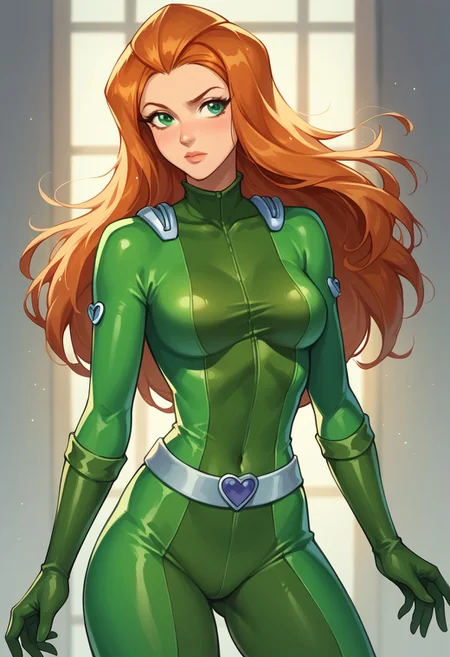 (score_9, score_8_up, score_7_up), 1girl, solo, sam \(totally spies\), orange hair, long hair, green eyes, tight clothing, hips, thighs, bodysuit, belt,