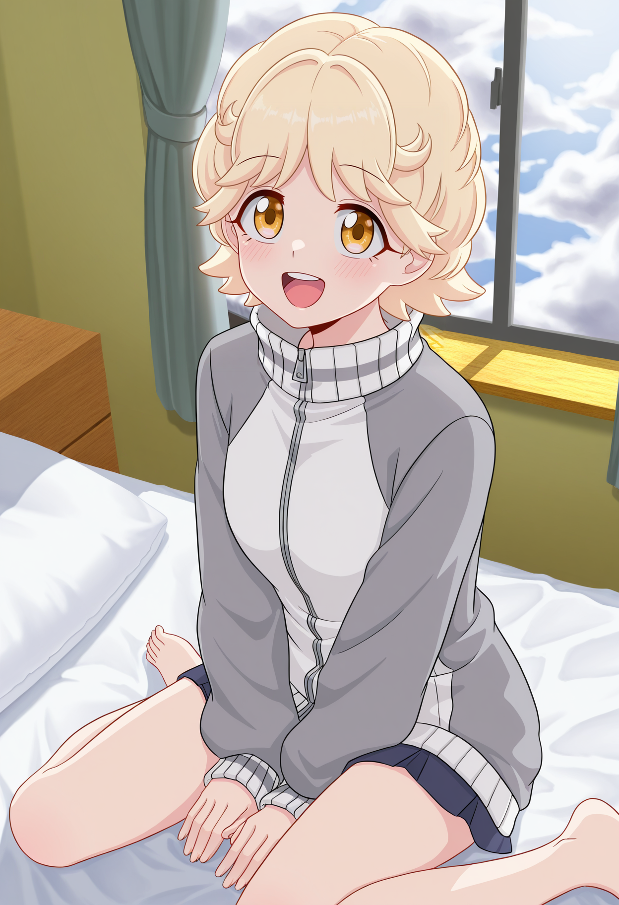 masterpiece,best quality,(amazing quality),very aesthetic,absurdres,newest,huge filesize,
<lora:Michiru Inukai_illustrious-000040:1>,Michiru_\(Talentless Nana\),yellow eyes,blonde hair,short hair,
blush,solo,upper teeth only,smile,gray jacket,white clouds,cowboy_shot,wariza,hands_on_lap,bed,bedroom,from_above