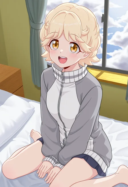 masterpiece,best quality,(amazing quality),very aesthetic,absurdres,newest,huge filesize,
<lora:Michiru Inukai_illustrious-000040:1>,Michiru_\(Talentless Nana\),yellow eyes,blonde hair,short hair,
blush,solo,upper teeth only,smile,gray jacket,white clouds,cowboy_shot,wariza,hands_on_lap,bed,bedroom,from_above